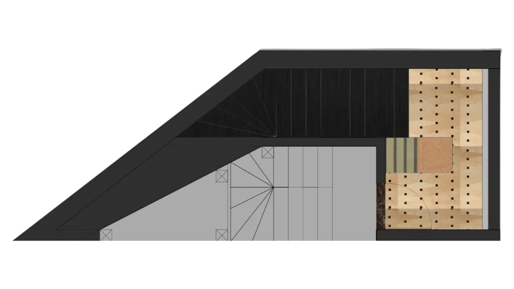 Plan 3D axonométrie rez-de-chaussée appartement dent creuse escalier hélicoïdal parquet clair – Manon Le Tannou