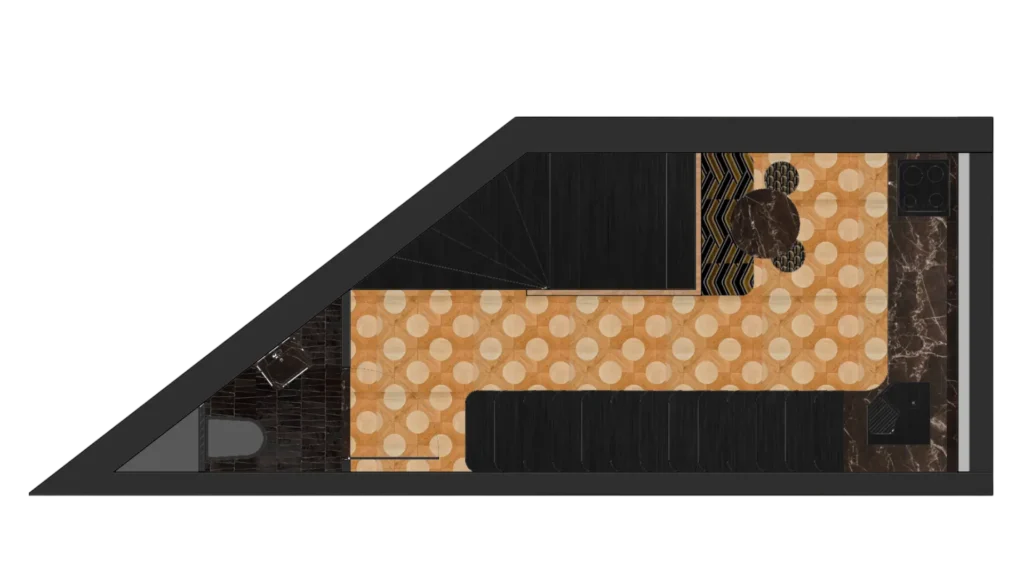 Plan 3D axonométrie niveau 1 appartement dent creuse marbre motif rond marqueterie chevron – Manon Le Tannou