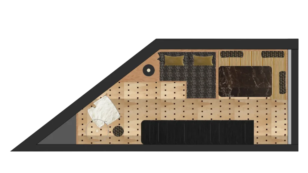 Plan 3D axonométrie niveau 2 chambre parquet incrusté points noirs marbre sombre dent creuse – Manon Le Tannou