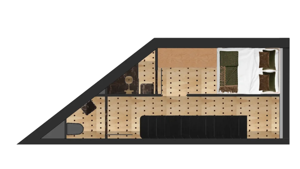 Plan 3D axonométrie niveau 3 chambre lin blanc coussins verts marbre sombre dent creuse – Manon Le Tannou