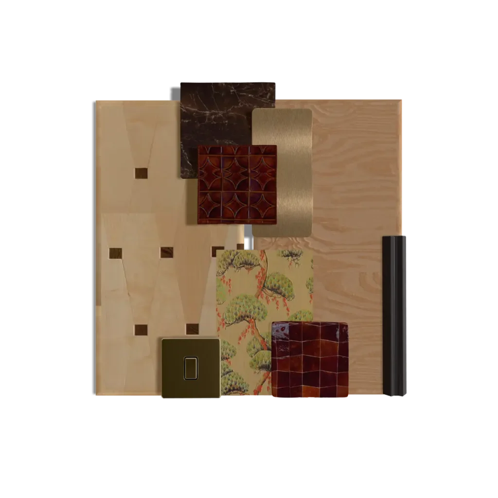 Planche matériaux projet dent creuse carrelage terracotta rouge papier peint botanique cuir bordeaux – Manon Le Tannou