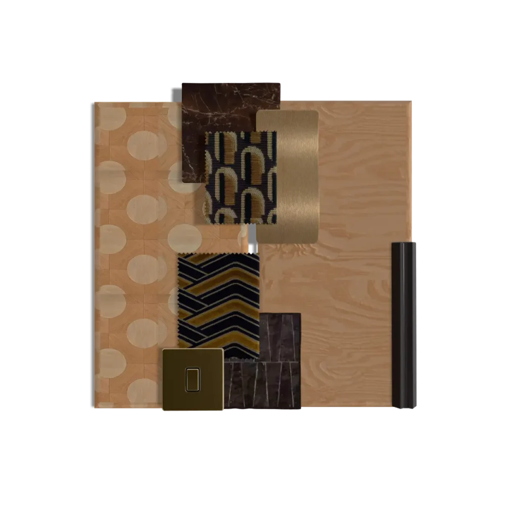 Planche matériaux projet dent creuse frêne parquet cercles marbre brun laiton velours chevron – Manon Le Tannou