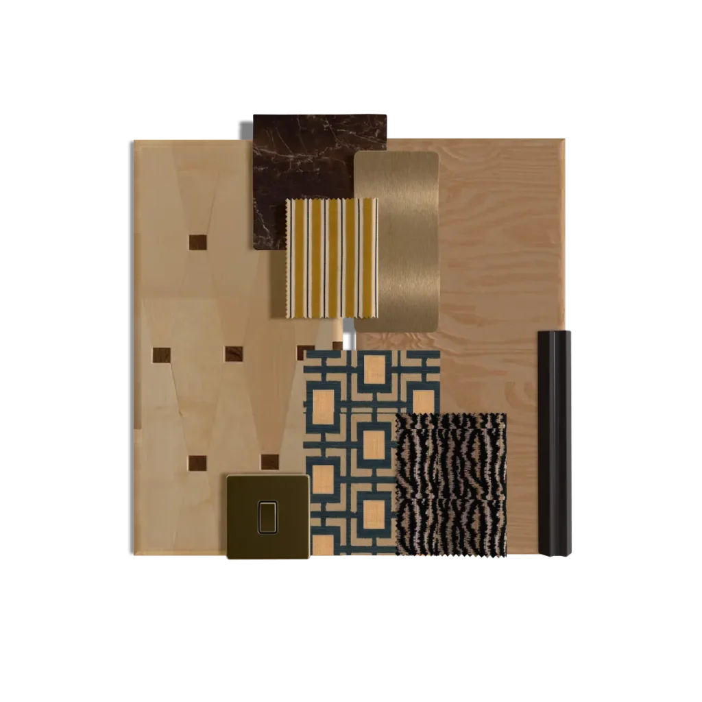 Planche matériaux projet dent creuse parquet incrusté carré tissu ambre laiton géométrique bleu – Manon Le Tannou