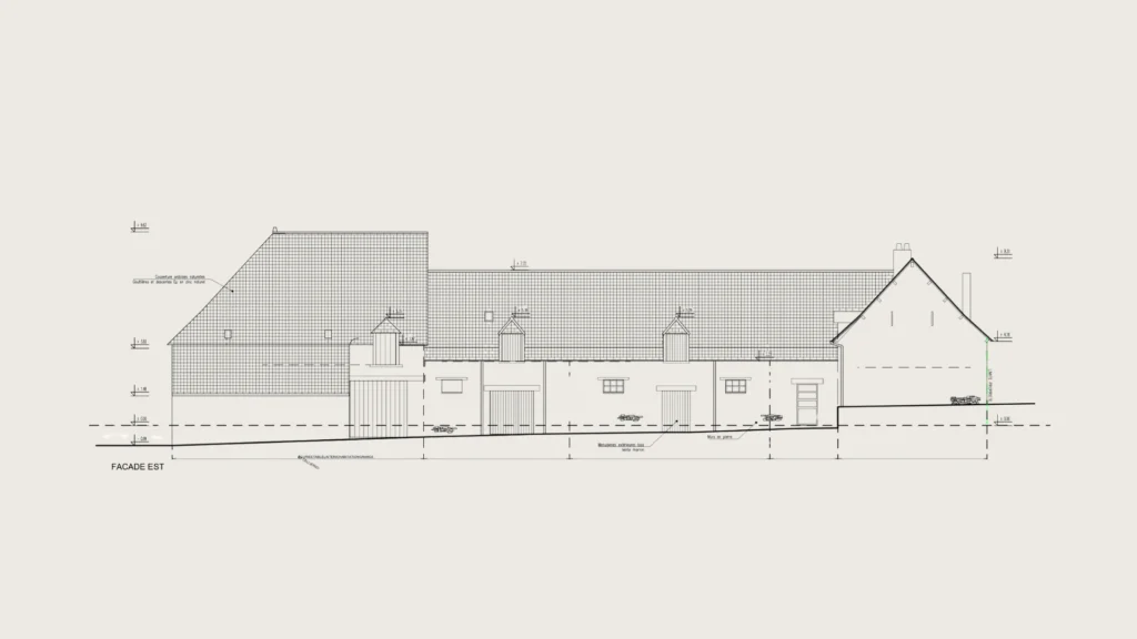 Élévation de la façade principale de la longère de Bourg-des-Comptes – architecture vernaculaire bretonne réhabilitée – Manon le Tannou Architecte d'Intérieur