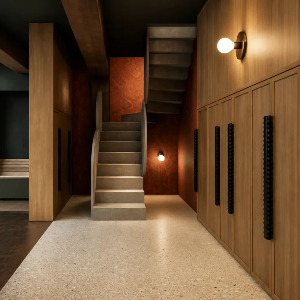 Entrée de la longère réhabilitée de Bourg-des-Comptes – escalier en béton ciré, boiseries chêne et sol terrazzo – Manon le Tannou Architecte d'Intérieur
