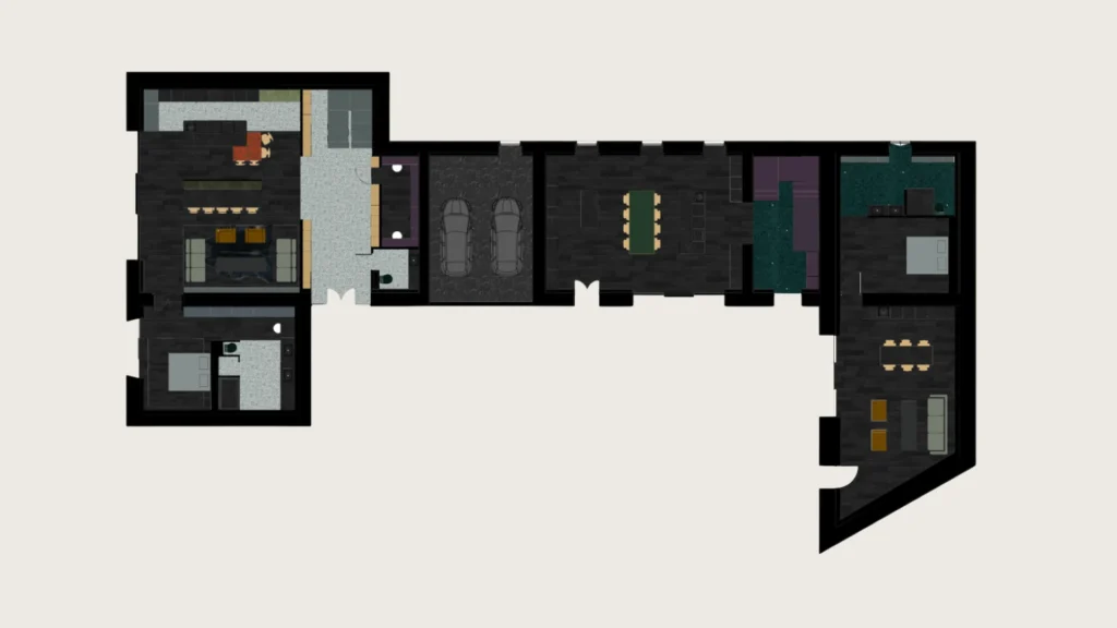 Plan 3D axonométrique de la longère de Bourg-des-Comptes – répartition des espaces et ambiances chromatiques par zone – Manon le Tannou Architecte d'Intérieur