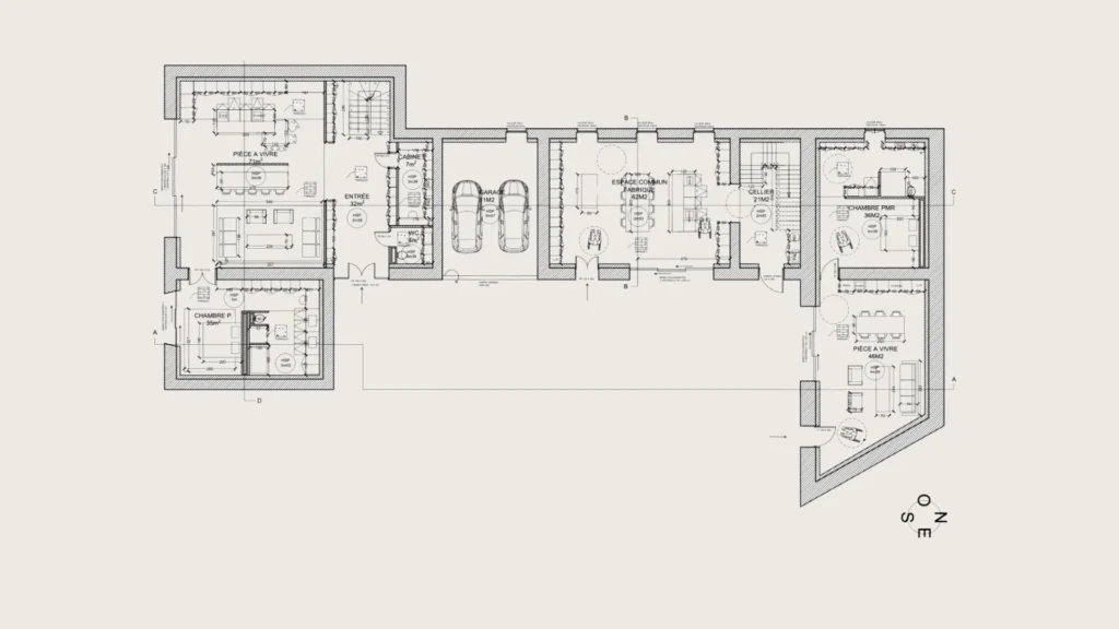 Plan de l'état existant de la longère de Bourg-des-Comptes – grange 111 m², écurie, étable, cellier, laiterie et habitation – Manon le Tannou Architecte d'Intérieur