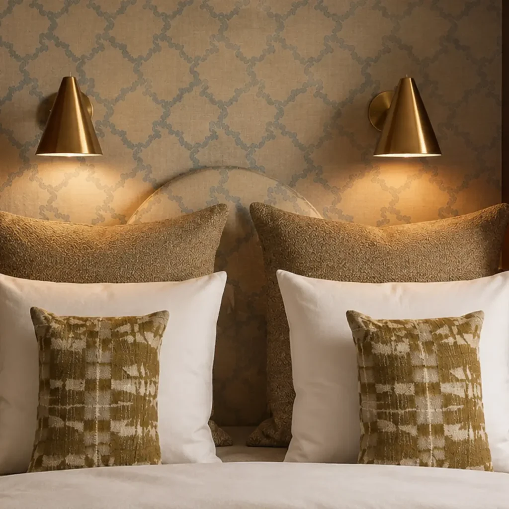 Chambre hôtelière de luxe avec appliques coniques en laiton brossé et coussins en velours texturé doré – Manon le Tannou Architecte d'Intérieur