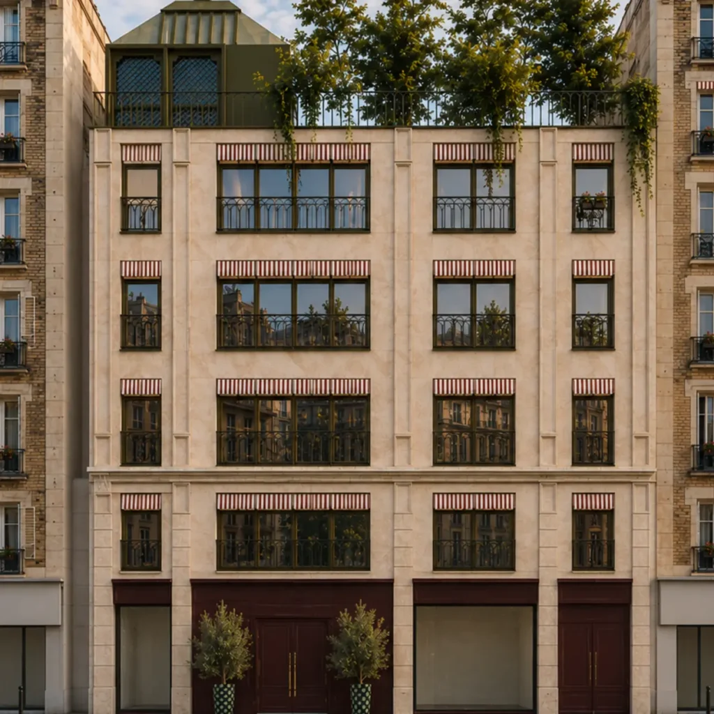 Façade d'immeuble parisien avec stores rayés rouge et blanc, menuiseries vert anglais et toit-terrasse végétalisé – Manon le Tannou Architecte d'Intérieur