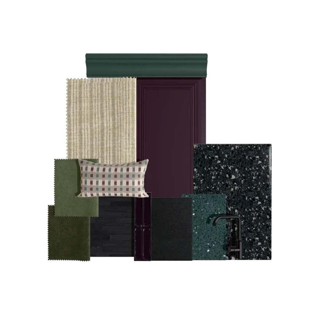 Planche matériaux du projet Bourg-des-Comptes – palette prune aubergine, vert forêt et terrazzo moucheté – Manon le Tannou Architecte d'Intérieur