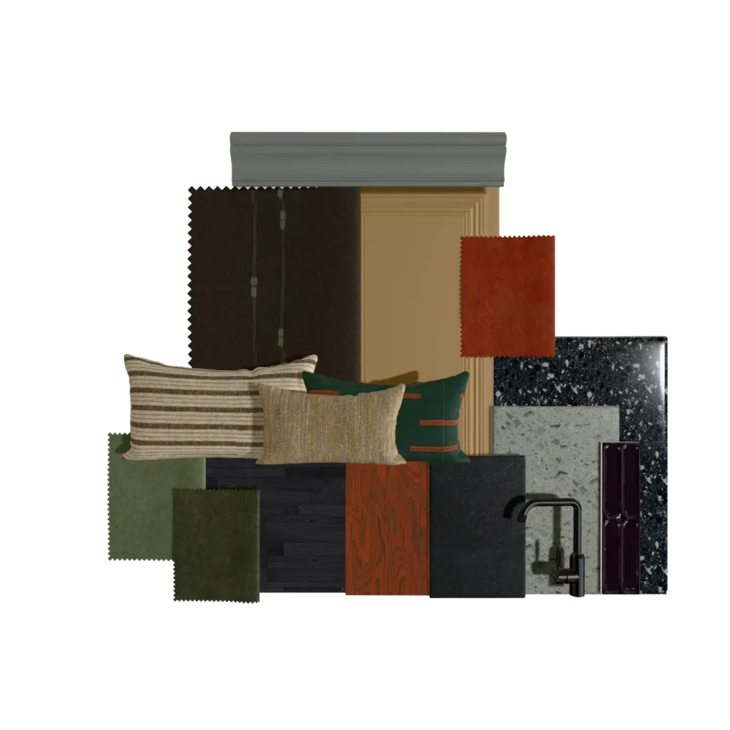 Planche matériaux du projet Bourg-des-Comptes – palette tons chauds terracotta, ocre, kaki et terrazzo noir – Manon le Tannou Architecte d'Intérieur