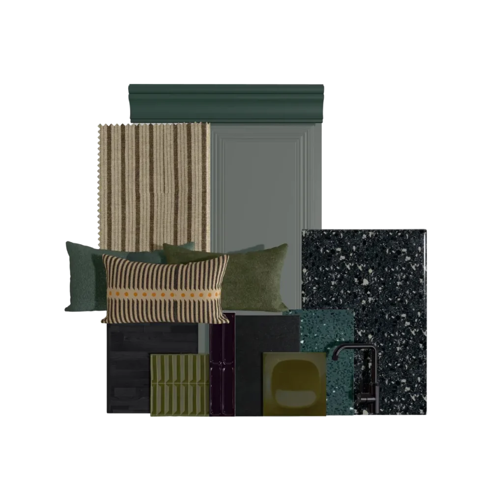 Planche matériaux du projet Bourg-des-Comptes – palette verts kaki, laiton brossé et terrazzo vert profond – Manon le Tannou Architecte d'Intérieur
