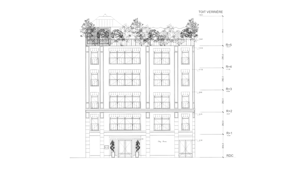 Élévation façade R+5 balcons et verrière, projet hôtel Chez Renée – Manon Le Tannou architecte
