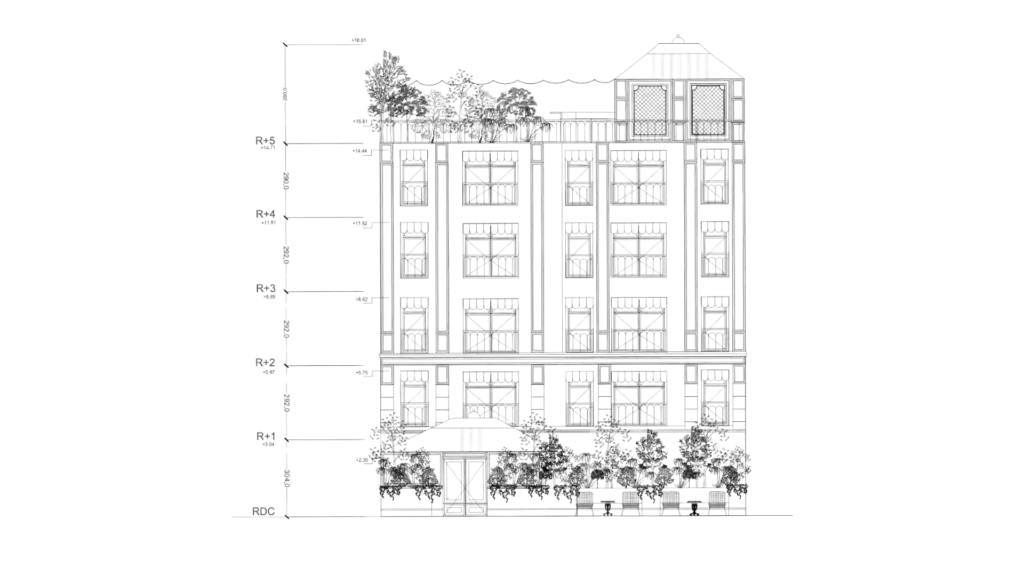 Élévation façade terrasse végétalisée hôtel Chez Renée – Manon Le Tannou architecte d'intérieur