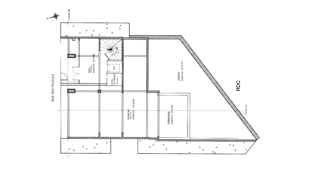 Plan existant RDC hall porche jardin hôtel Chez Renée – Manon Le Tannou architecte d'intérieur
