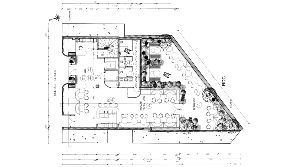 Plan projet RDC restaurant bar jardin hôtel Chez Renée – Manon Le Tannou architecte d'intérieur