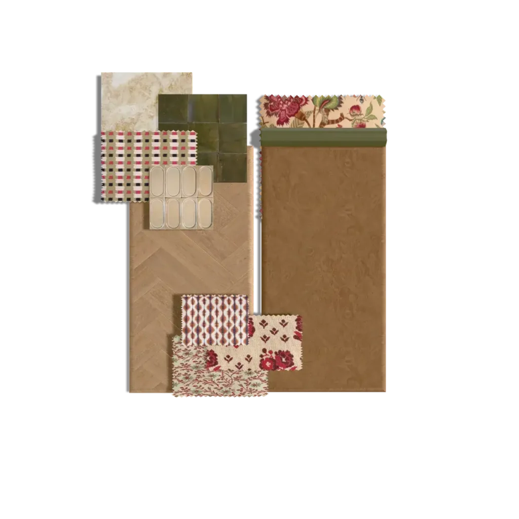 Planche matériaux palette bordeaux et motifs floraux, hôtel Chez Renée – Manon Le Tannou architecte