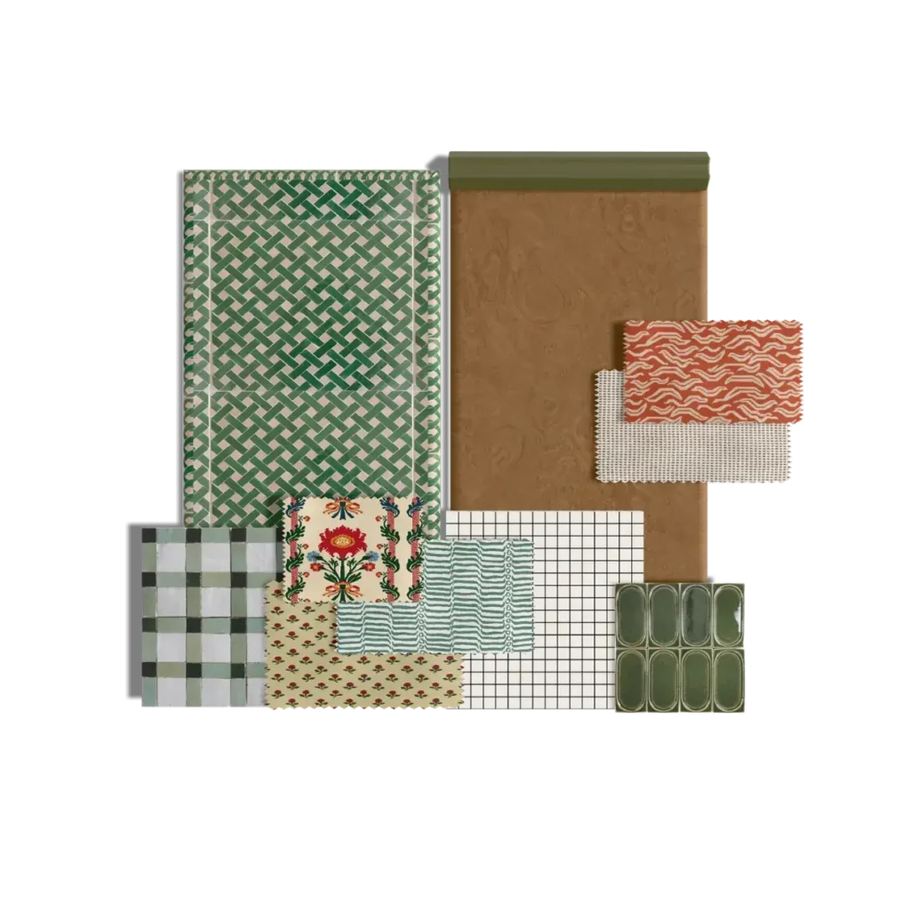Planche matériaux palette verte et rouge carrelage coloré, hôtel restaurant Chez Renée – Manon Le Tannou