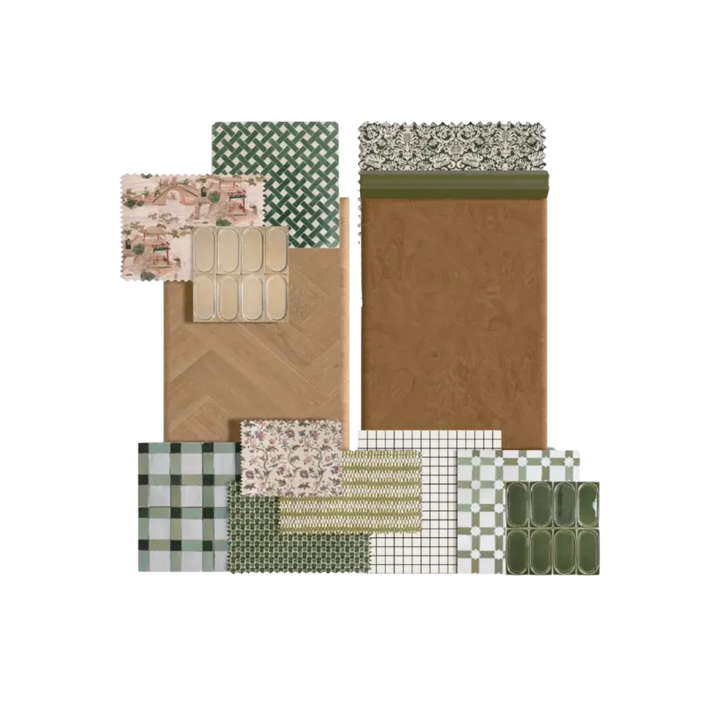 Planche matériaux palette verte toile de Jouy parquet, hôtel Chez Renée – Manon Le Tannou architecte