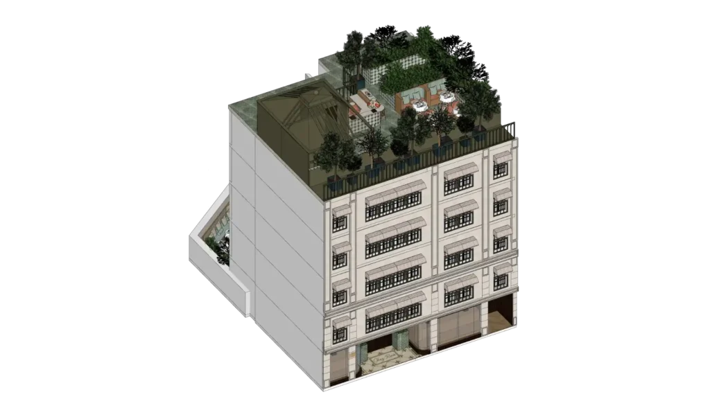 Vue 3D bâtiment toiture jardin et façade hôtel Chez Renée – Manon Le Tannou architecte d'intérieur