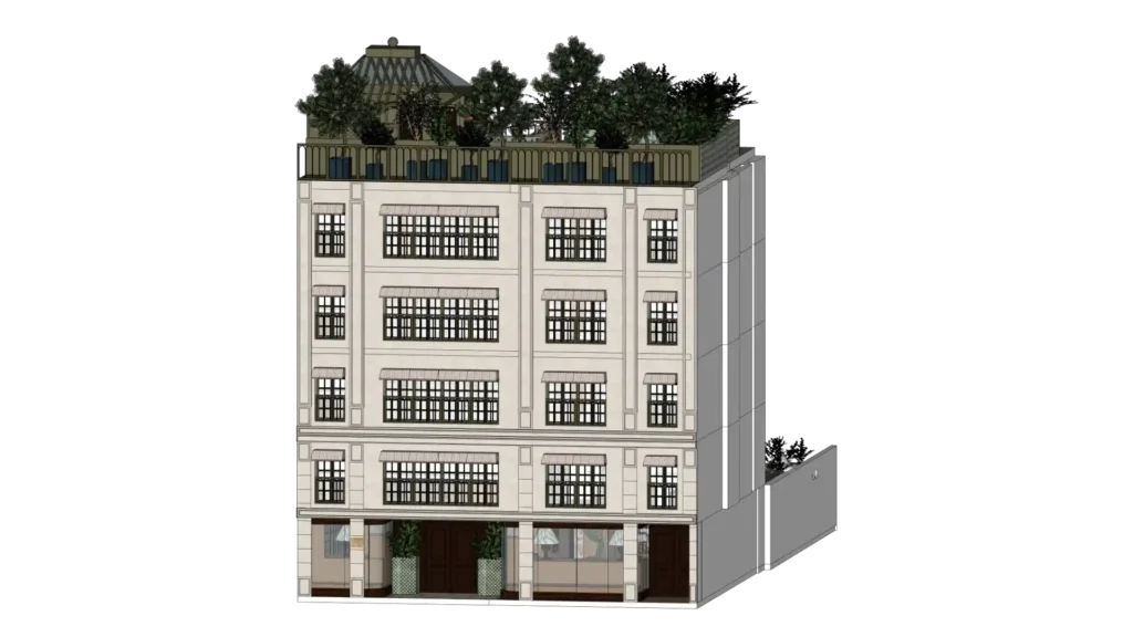 Vue 3D façade hôtel terrasse et entrée, boutique-hôtel Chez Renée – Manon Le Tannou architecte d'intérieur