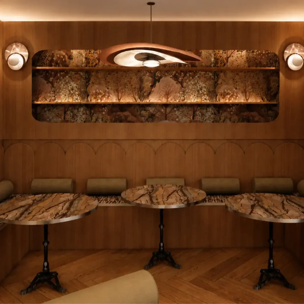Banquettes tables bistrot marbre Paonazzo bois, cabinet d'avocats Faubourg Paris – Manon Le Tannou architecte