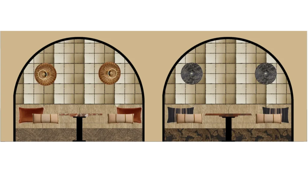Élévation banquette niche coin repas carrelage, projet bureau Faubourg Paris – Manon Le Tannou architecte