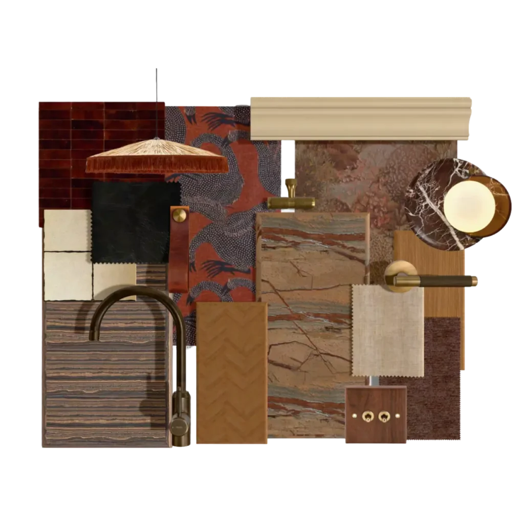 Planche matériaux palette rouge brun zelliges marbre, bureau Art déco Faubourg – Manon Le Tannou architecte