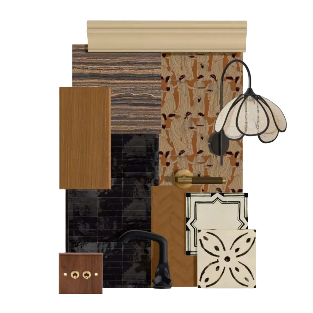 Planche matériaux palette terracotta carrelage antique, aménagement bureau Faubourg – Manon Le Tannou