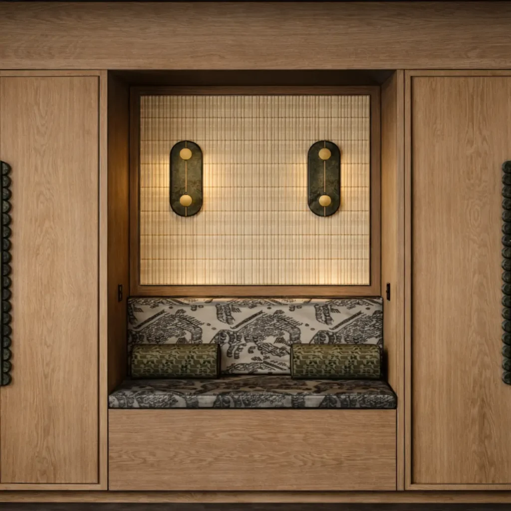 Alcôve banquette en chêne burl et cloison shoji, collection Garance – Manon Le Tannou architecte d'intérieur