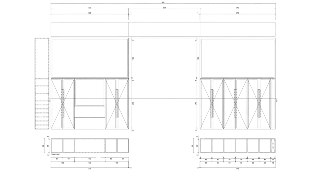 Plan technique coupe AA armoire bibliothèque Garance, mobilier sur mesure – Manon Le Tannou architecte