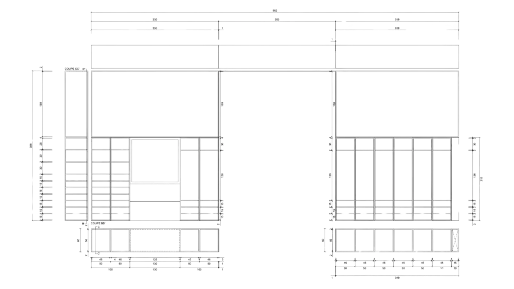 Plan technique coupes BB et CC mobilier Garance, détail menuiserie – Manon Le Tannou architecte d'intérieur