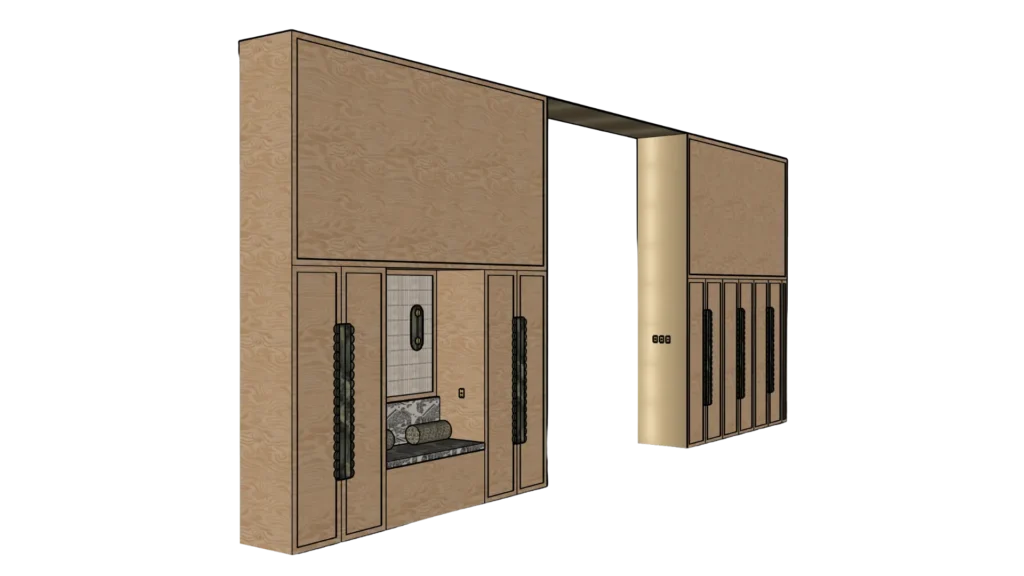 Vue 3D ensemble mobilier armoire alcôve bibliothèque Garance – Manon Le Tannou architecte d'intérieur