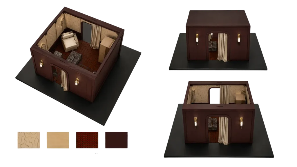 Vue 3D axonométrique stand et palette matériaux Kelly Wearstler x Misia – Manon Le Tannou architecte
