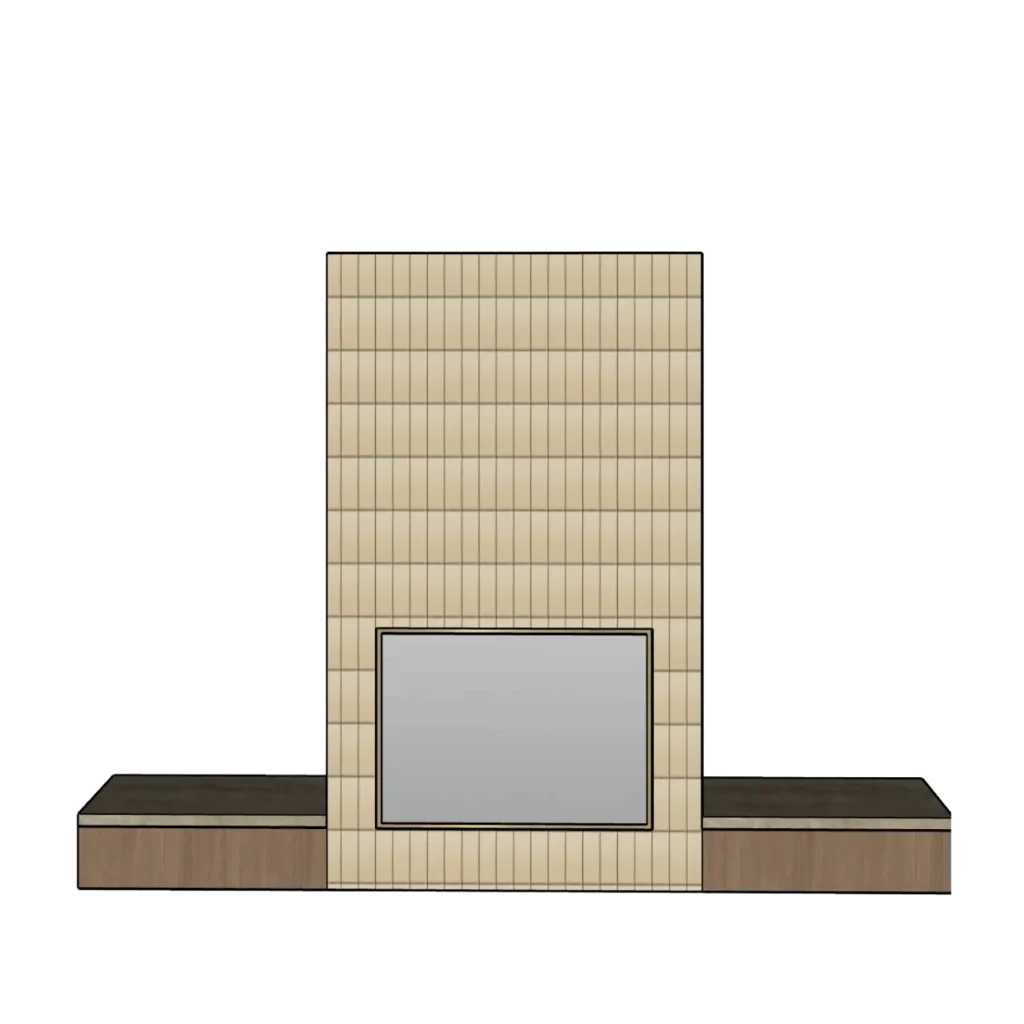 Élévation panneau TV cannelé beige et meuble bois sombre séjour, appartement Lore – Manon Le Tannou architecte d'intérieur