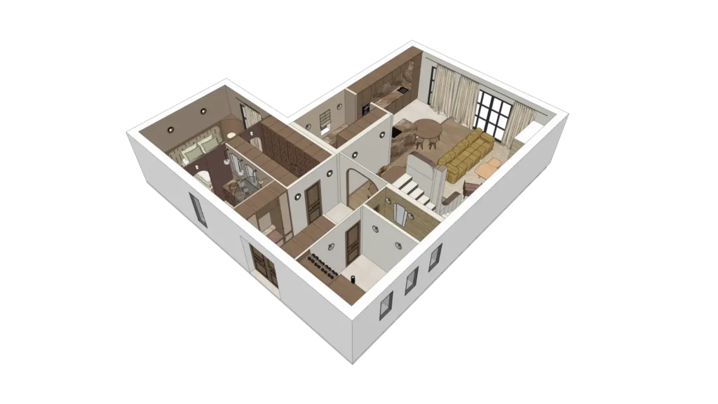 Plan 3D axonométrie niveau chambre parentale dressing et séjour appartement Lore – Manon Le Tannou architecte