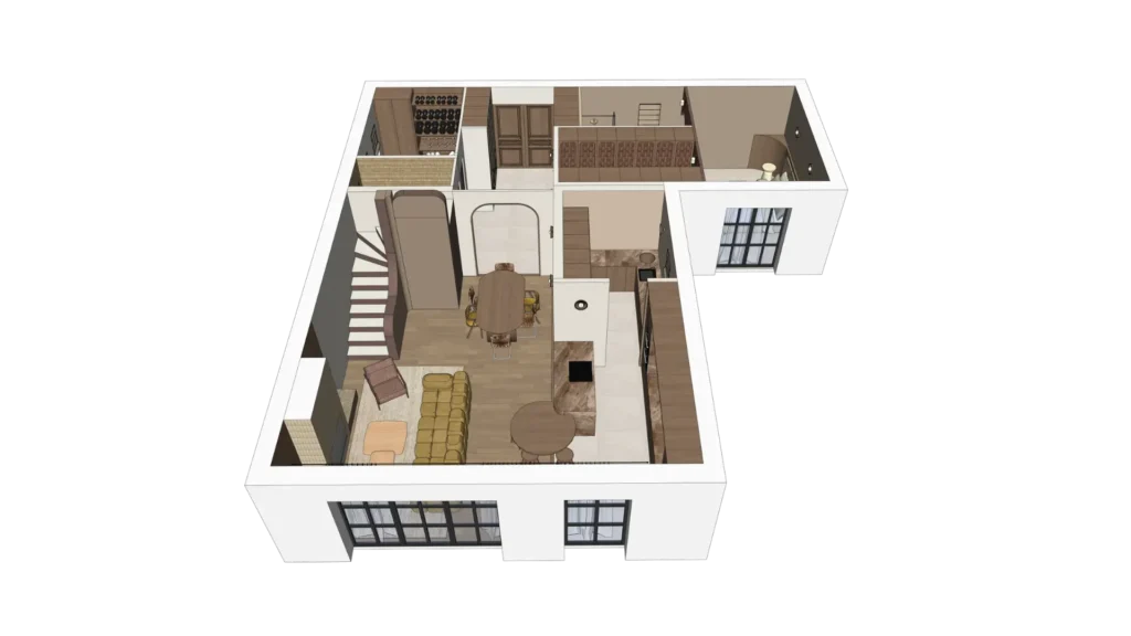 Plan 3D axonométrie niveau principal séjour salle à manger escalier appartement Lore – Manon Le Tannou architecte