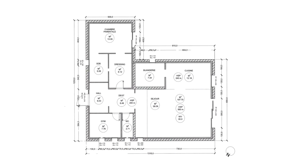 Plan existant appartement Lore chambre parentale séjour gym fond noir – Manon Le Tannou architecte d'intérieur