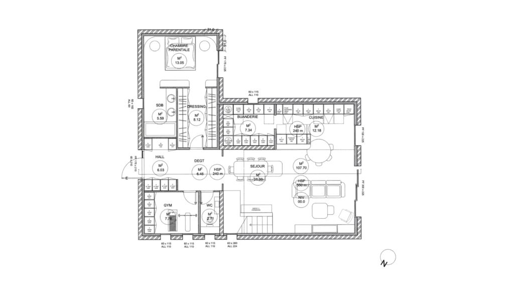 Plan projet appartement Lore avec mobilier chambre parentale séjour cuisine fond noir – Manon Le Tannou architecte