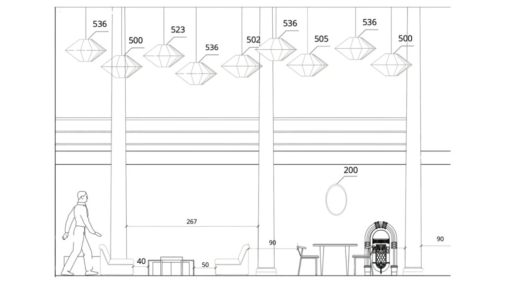 Élévation mur suspensions diamant banquette et jukebox, pop-up Merci Paris – Manon Le Tannou architecte