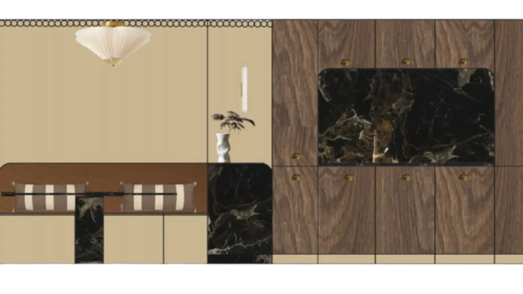 Élévation entrée banquette et meuble TV noyer, appartement Robert Paris – Manon Le Tannou architecte