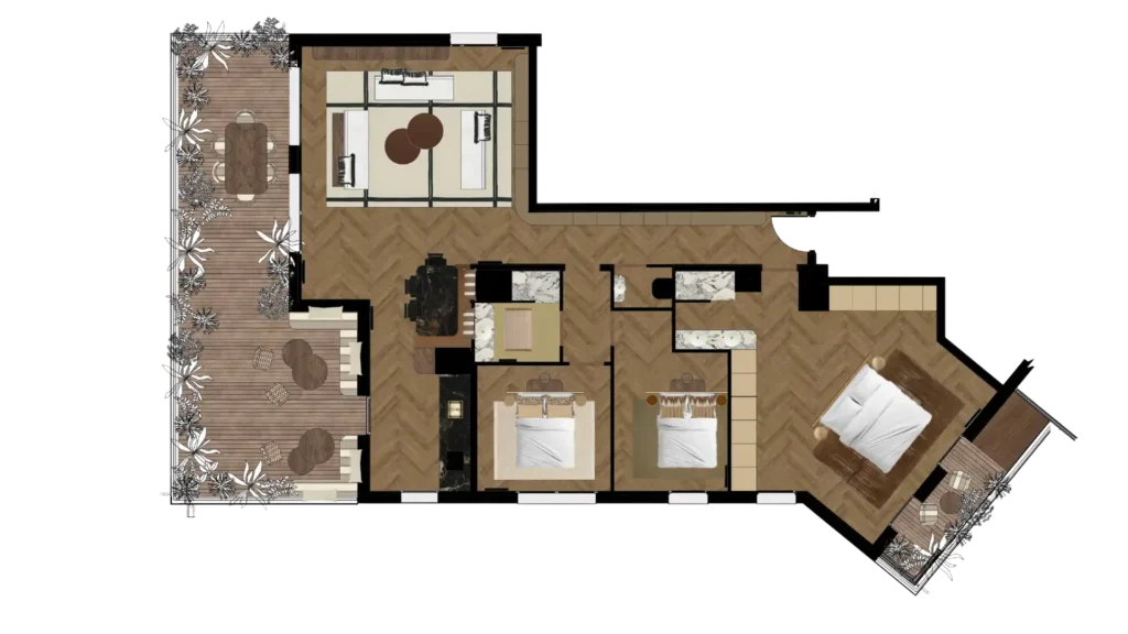 Plan 3D appartement T3 parquet chevrons et terrasses végétalisées, projet Robert Paris – Manon Le Tannou