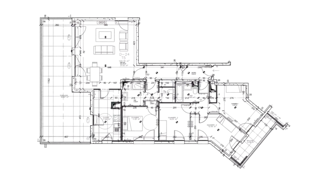 Plan existant appartement fond noir, projet résidentiel Robert Paris – Manon Le Tannou architecte d'intérieur