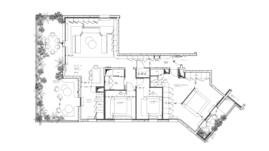 Plan projet appartement terrasses végétalisées fond noir, projet Robert – Manon Le Tannou architecte