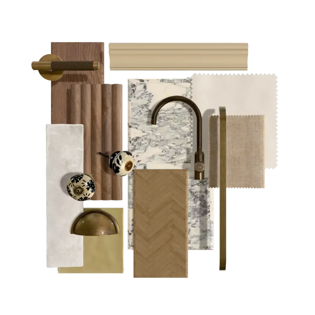 Planche matériaux cuisine salle de bain noyer cannelé bronze, appartement Robert – Manon Le Tannou architecte