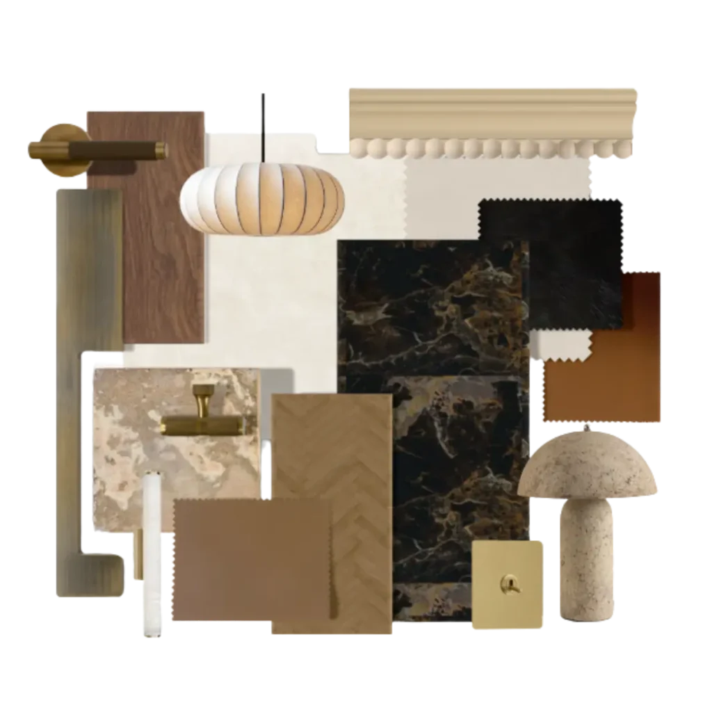 Planche matériaux palette chaude noyer travertin camel, appartement Robert – Manon Le Tannou architecte
