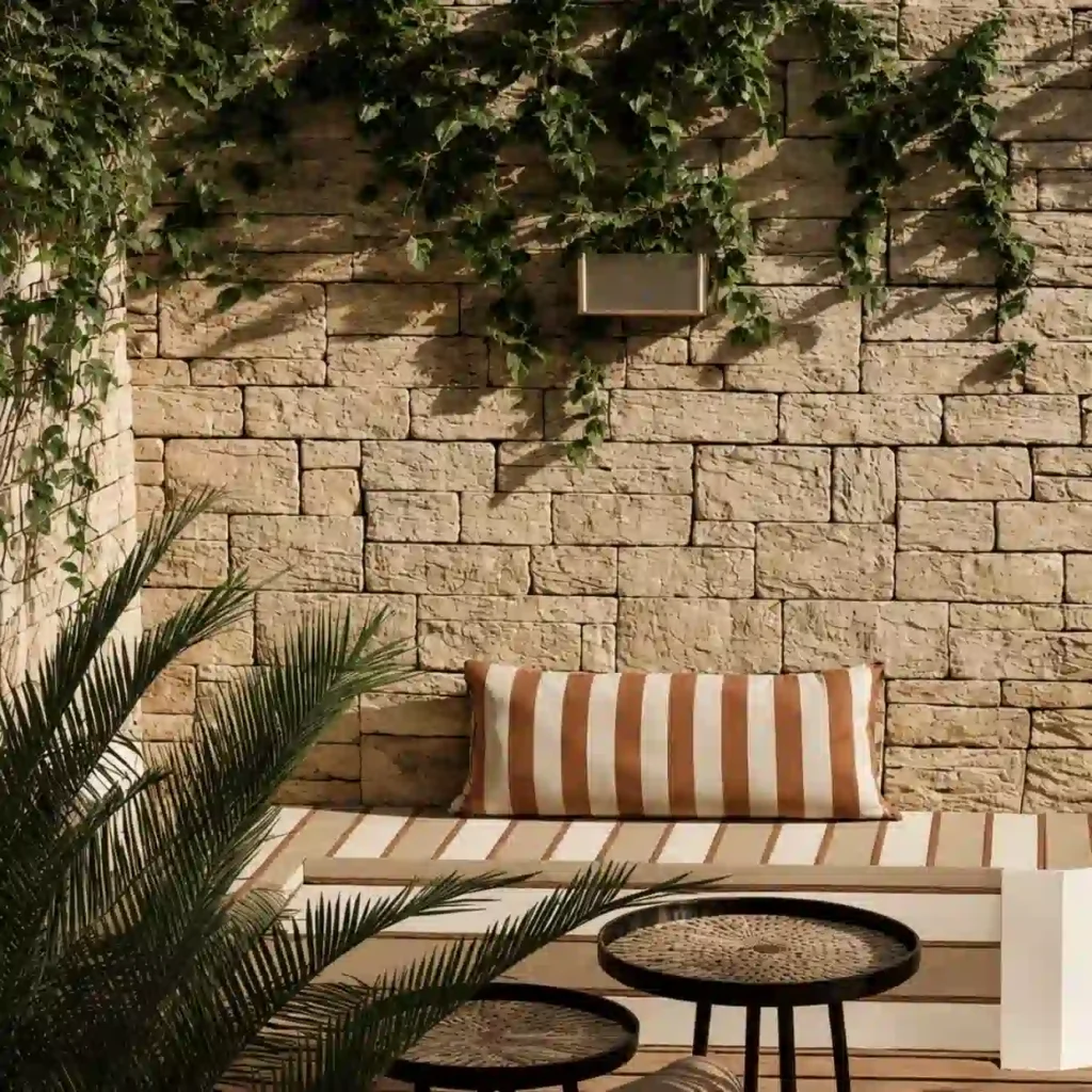 Terrasse mur pierre banquette rayée caramel, appartement Robert Paris – Manon Le Tannou architecte d'intérieur