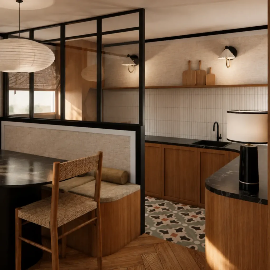 Cuisine verrière bar marbre noir carreaux de ciment, studio Paris Faubourg – Manon Le Tannou architecte