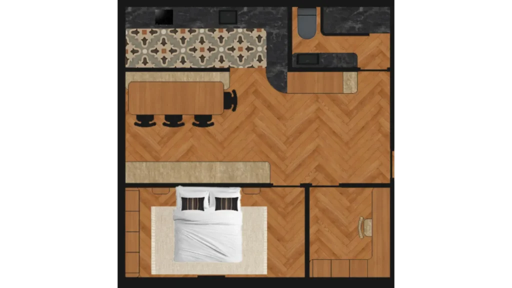 Plan 3D studio appartement cuisine chambre parquet chevrons, Faubourg Paris – Manon Le Tannou architecte
